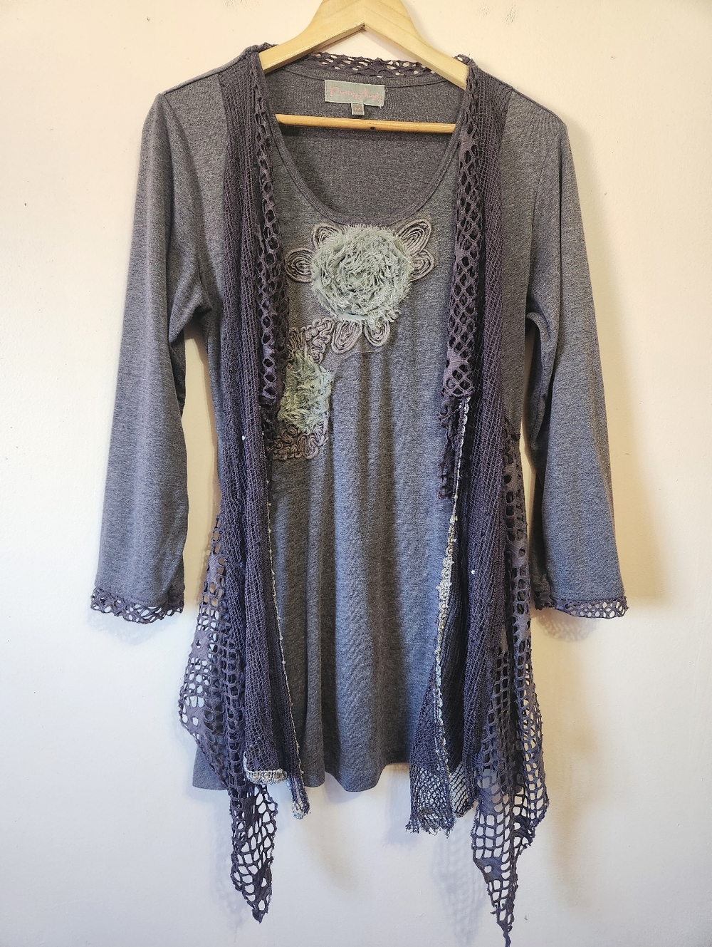 Pretty Angel Silk Blend Mesh Lace Overlay Tunic Top Purple Medium EUC